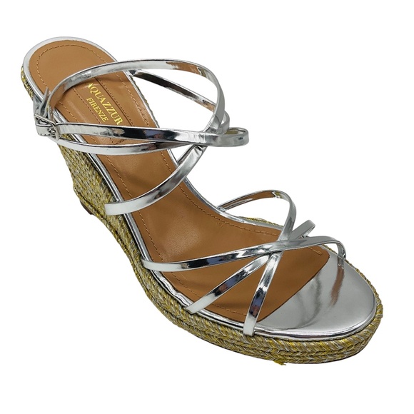 AQUAZZURA SILVER LAGUNA METALLIC ESPADRILLE WEDGE SANDALS